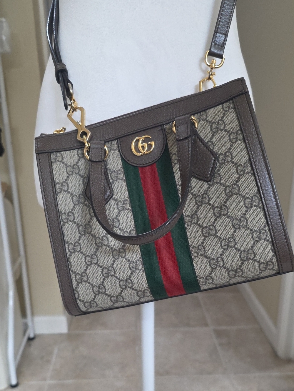 Gucci Beige GG Supreme Canvas Tote with Brown Trim and Red-Green Stripe